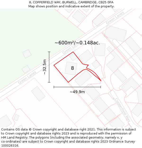 8, COPPERFIELD WAY, BURWELL, CAMBRIDGE, CB25 0PA: Plot and title map