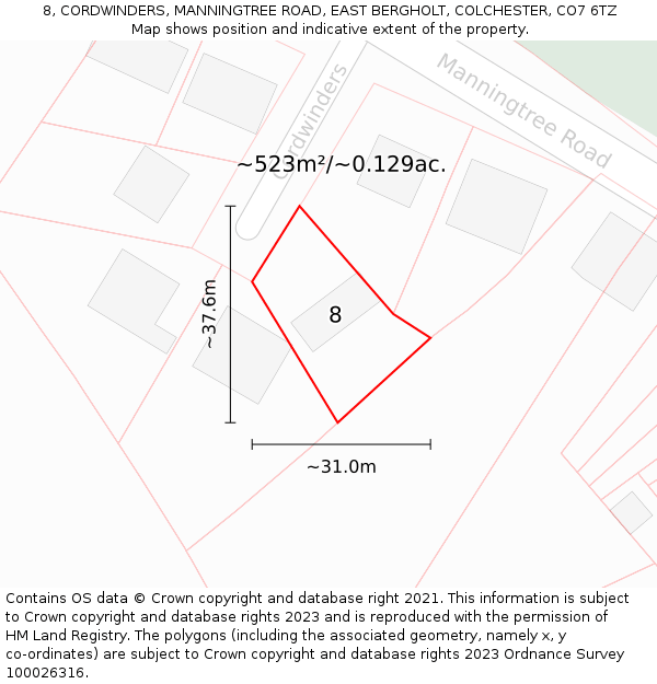 8, CORDWINDERS, MANNINGTREE ROAD, EAST BERGHOLT, COLCHESTER, CO7 6TZ: Plot and title map