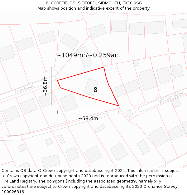 8, COREFIELDS, SIDFORD, SIDMOUTH, EX10 9SG: Plot and title map