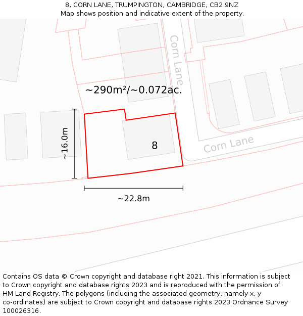 8, CORN LANE, TRUMPINGTON, CAMBRIDGE, CB2 9NZ: Plot and title map