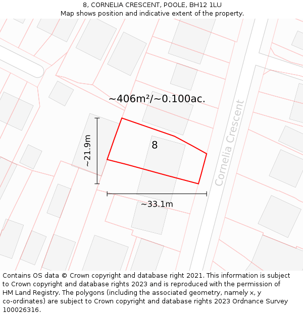 8, CORNELIA CRESCENT, POOLE, BH12 1LU: Plot and title map