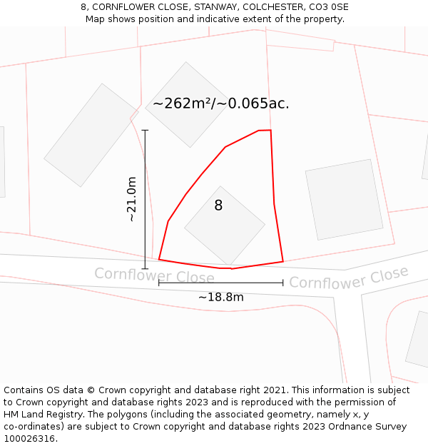 8, CORNFLOWER CLOSE, STANWAY, COLCHESTER, CO3 0SE: Plot and title map