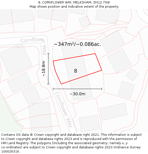 8, CORNFLOWER WAY, MELKSHAM, SN12 7SW: Plot and title map