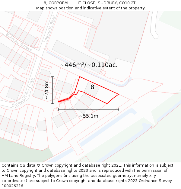 8, CORPORAL LILLIE CLOSE, SUDBURY, CO10 2TL: Plot and title map