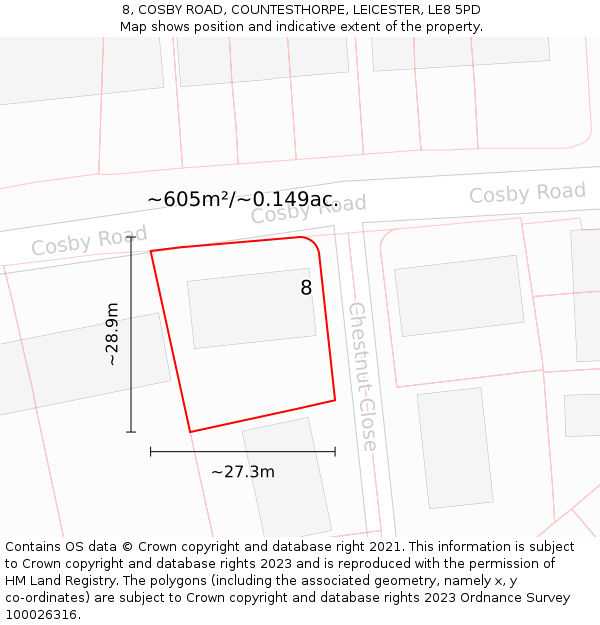 8, COSBY ROAD, COUNTESTHORPE, LEICESTER, LE8 5PD: Plot and title map