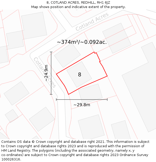 8, COTLAND ACRES, REDHILL, RH1 6JZ: Plot and title map