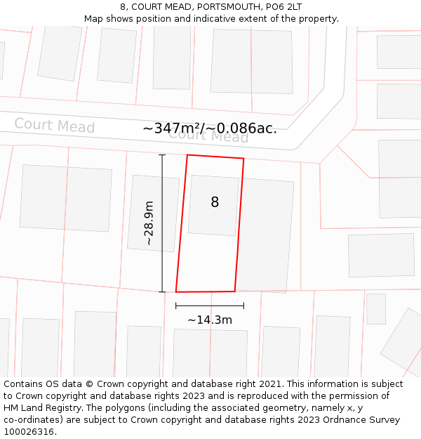 8, COURT MEAD, PORTSMOUTH, PO6 2LT: Plot and title map