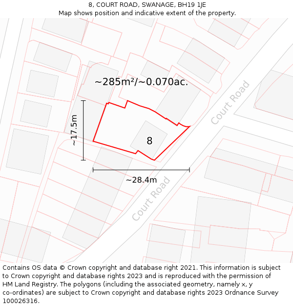 8, COURT ROAD, SWANAGE, BH19 1JE: Plot and title map