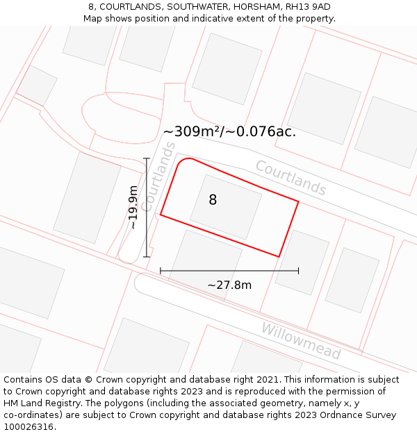 8, COURTLANDS, SOUTHWATER, HORSHAM, RH13 9AD: Plot and title map