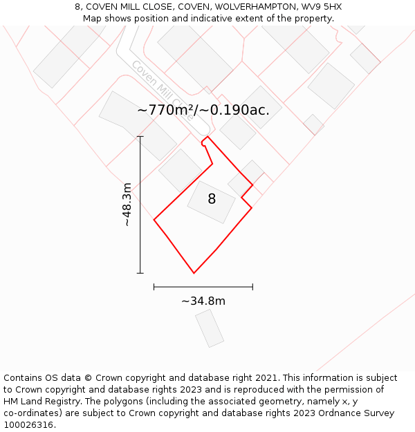 8, COVEN MILL CLOSE, COVEN, WOLVERHAMPTON, WV9 5HX: Plot and title map