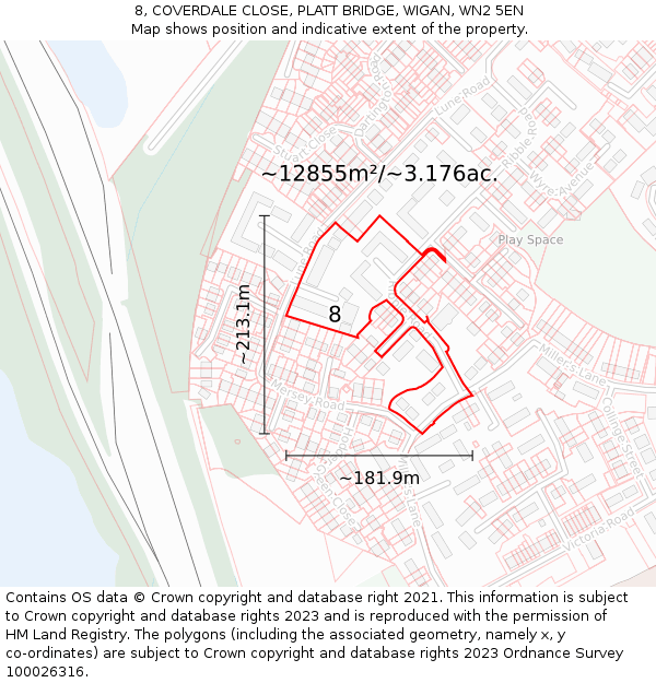 8, COVERDALE CLOSE, PLATT BRIDGE, WIGAN, WN2 5EN: Plot and title map