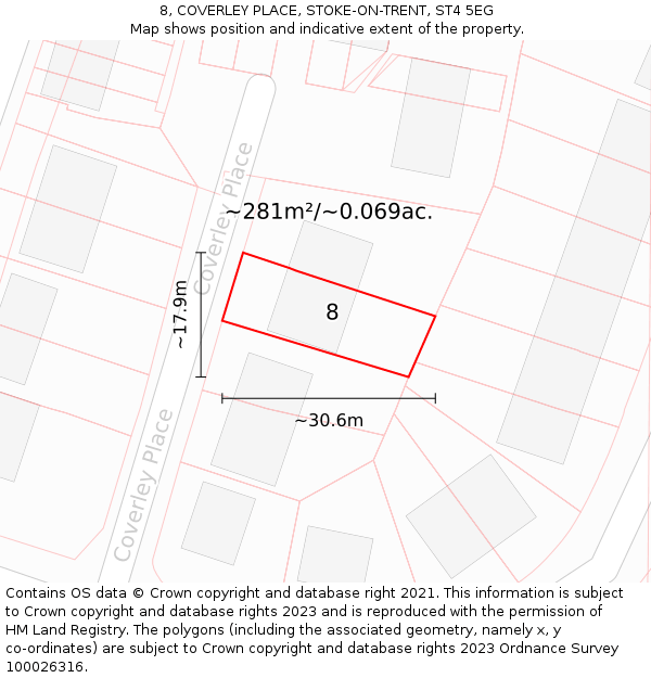 8, COVERLEY PLACE, STOKE-ON-TRENT, ST4 5EG: Plot and title map