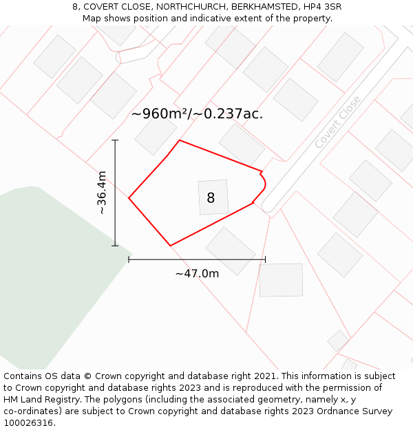 8, COVERT CLOSE, NORTHCHURCH, BERKHAMSTED, HP4 3SR: Plot and title map