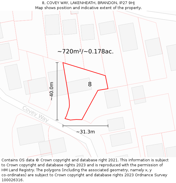 8, COVEY WAY, LAKENHEATH, BRANDON, IP27 9HJ: Plot and title map