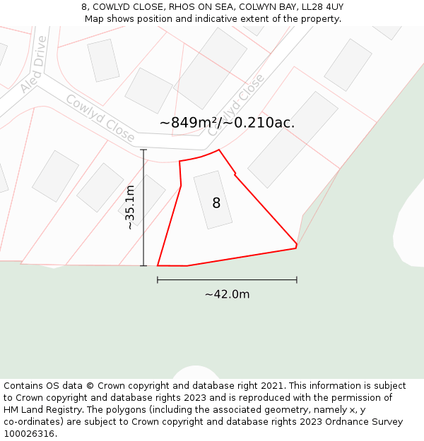 8, COWLYD CLOSE, RHOS ON SEA, COLWYN BAY, LL28 4UY: Plot and title map