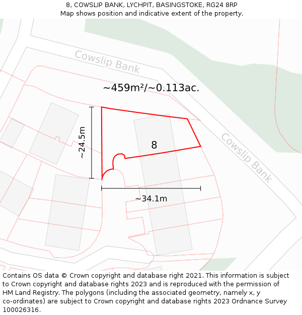 8, COWSLIP BANK, LYCHPIT, BASINGSTOKE, RG24 8RP: Plot and title map