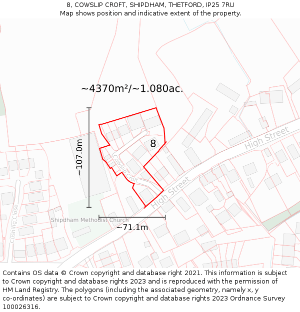 8, COWSLIP CROFT, SHIPDHAM, THETFORD, IP25 7RU: Plot and title map