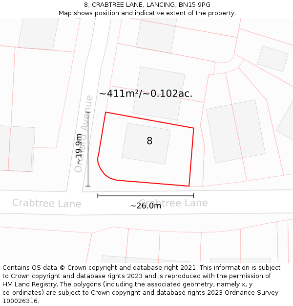 8, CRABTREE LANE, LANCING, BN15 9PG: Plot and title map