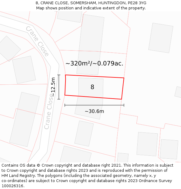 8, CRANE CLOSE, SOMERSHAM, HUNTINGDON, PE28 3YG: Plot and title map