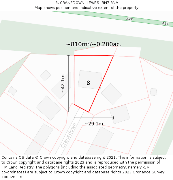 8, CRANEDOWN, LEWES, BN7 3NA: Plot and title map