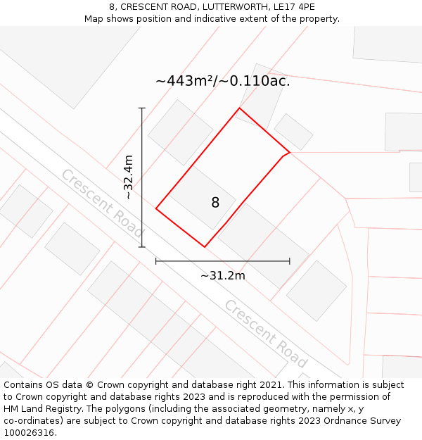 8, CRESCENT ROAD, LUTTERWORTH, LE17 4PE: Plot and title map