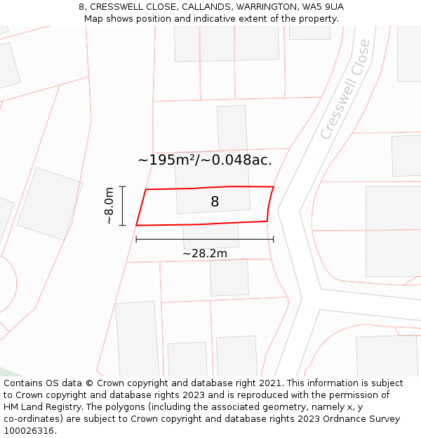 8, CRESSWELL CLOSE, CALLANDS, WARRINGTON, WA5 9UA: Plot and title map
