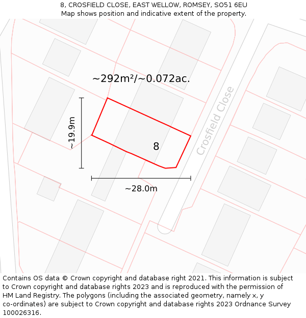 8, CROSFIELD CLOSE, EAST WELLOW, ROMSEY, SO51 6EU: Plot and title map