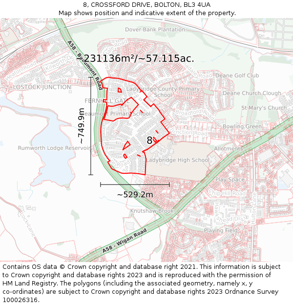 8, CROSSFORD DRIVE, BOLTON, BL3 4UA: Plot and title map