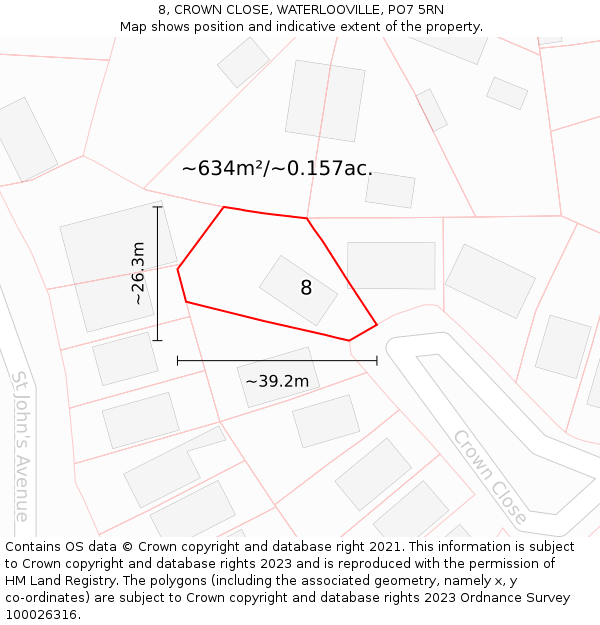 8, CROWN CLOSE, WATERLOOVILLE, PO7 5RN: Plot and title map