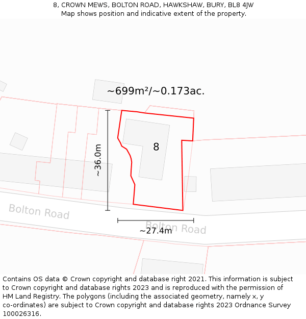 8, CROWN MEWS, BOLTON ROAD, HAWKSHAW, BURY, BL8 4JW: Plot and title map