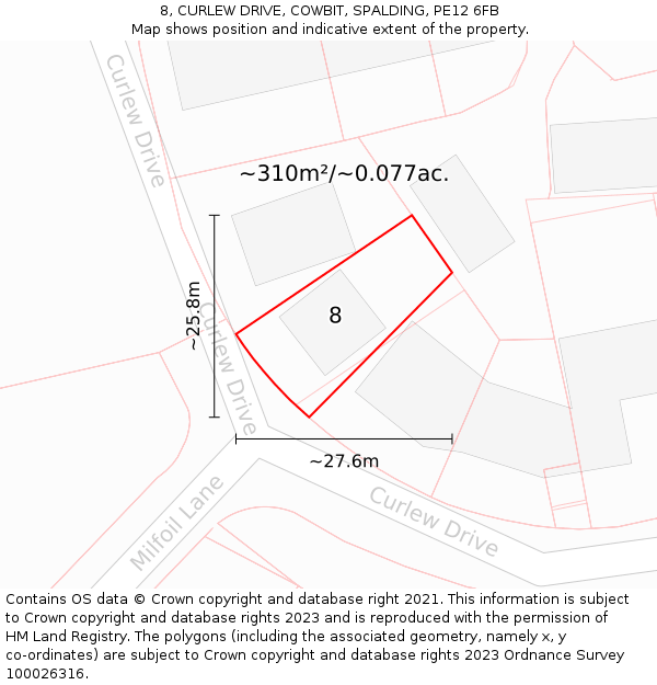 8, CURLEW DRIVE, COWBIT, SPALDING, PE12 6FB: Plot and title map