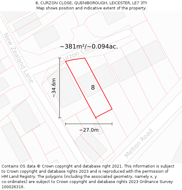 8, CURZON CLOSE, QUENIBOROUGH, LEICESTER, LE7 3TY: Plot and title map