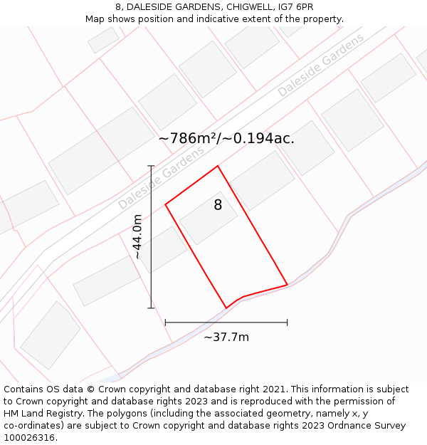 8, DALESIDE GARDENS, CHIGWELL, IG7 6PR: Plot and title map