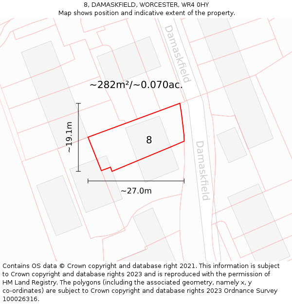 8, DAMASKFIELD, WORCESTER, WR4 0HY: Plot and title map