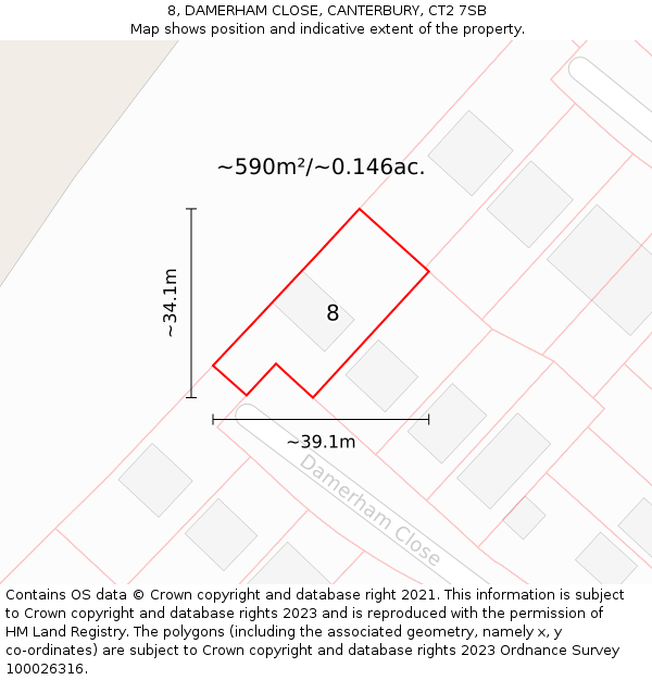 8, DAMERHAM CLOSE, CANTERBURY, CT2 7SB: Plot and title map