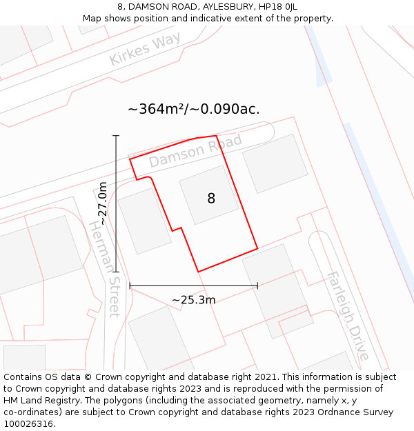 8, DAMSON ROAD, AYLESBURY, HP18 0JL: Plot and title map