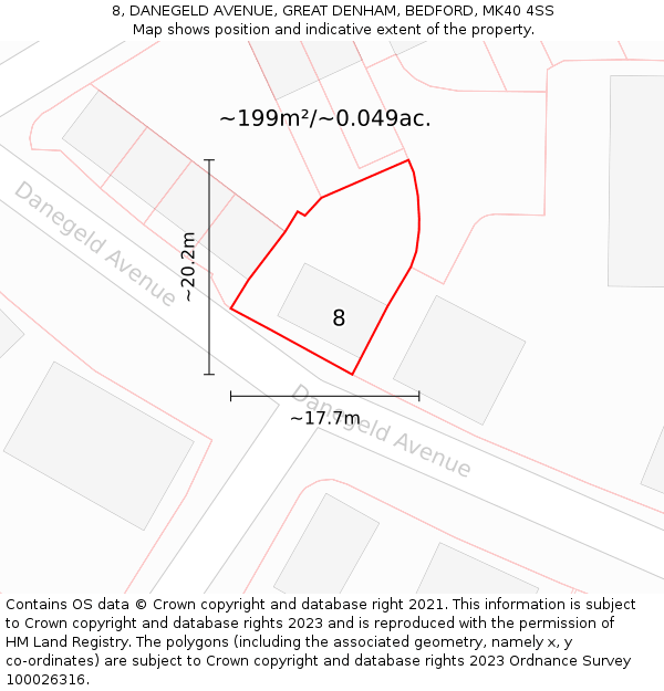 8, DANEGELD AVENUE, GREAT DENHAM, BEDFORD, MK40 4SS: Plot and title map