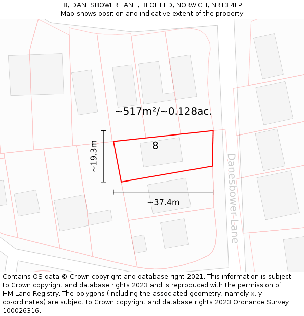 8, DANESBOWER LANE, BLOFIELD, NORWICH, NR13 4LP: Plot and title map