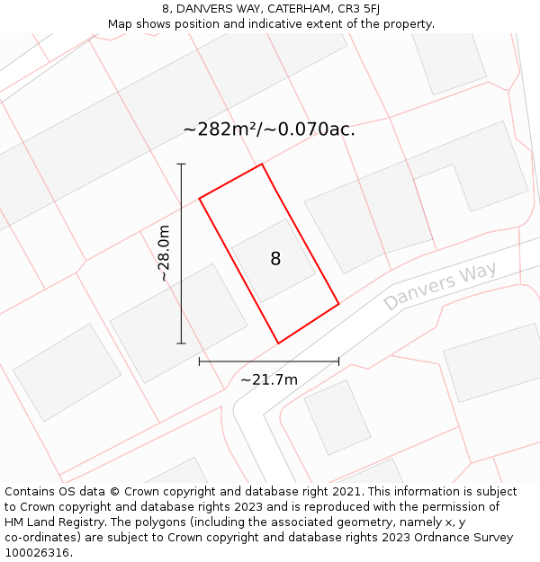 8, DANVERS WAY, CATERHAM, CR3 5FJ: Plot and title map