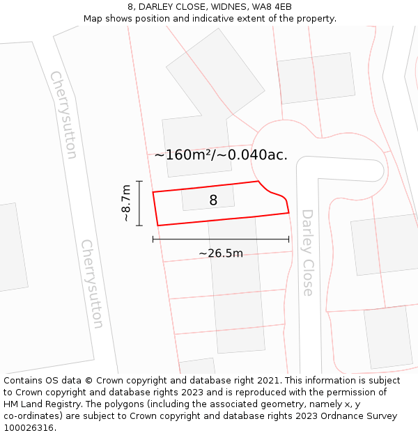 8, DARLEY CLOSE, WIDNES, WA8 4EB: Plot and title map