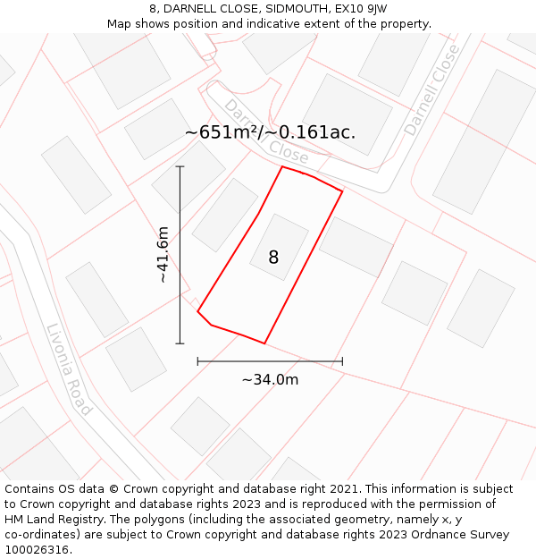 8, DARNELL CLOSE, SIDMOUTH, EX10 9JW: Plot and title map