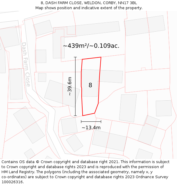 8, DASH FARM CLOSE, WELDON, CORBY, NN17 3BL: Plot and title map