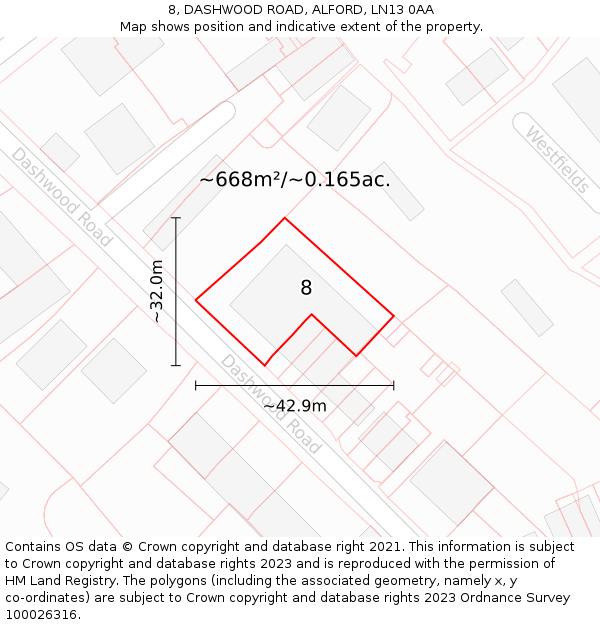 8, DASHWOOD ROAD, ALFORD, LN13 0AA: Plot and title map