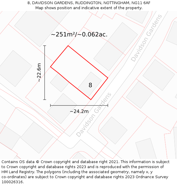 8, DAVIDSON GARDENS, RUDDINGTON, NOTTINGHAM, NG11 6AF: Plot and title map