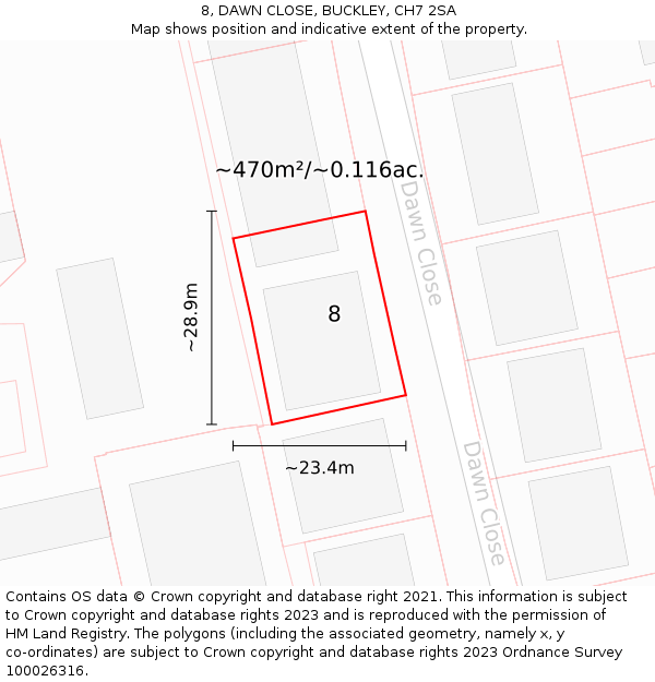 8, DAWN CLOSE, BUCKLEY, CH7 2SA: Plot and title map