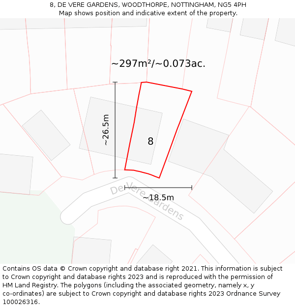 8, DE VERE GARDENS, WOODTHORPE, NOTTINGHAM, NG5 4PH: Plot and title map