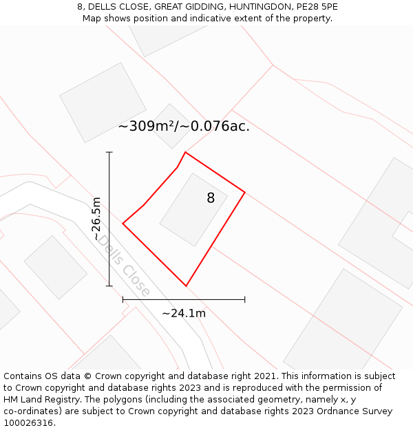 8, DELLS CLOSE, GREAT GIDDING, HUNTINGDON, PE28 5PE: Plot and title map