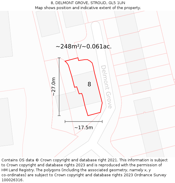 8, DELMONT GROVE, STROUD, GL5 1UN: Plot and title map