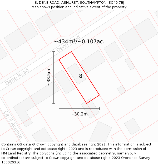 8, DENE ROAD, ASHURST, SOUTHAMPTON, SO40 7BJ: Plot and title map