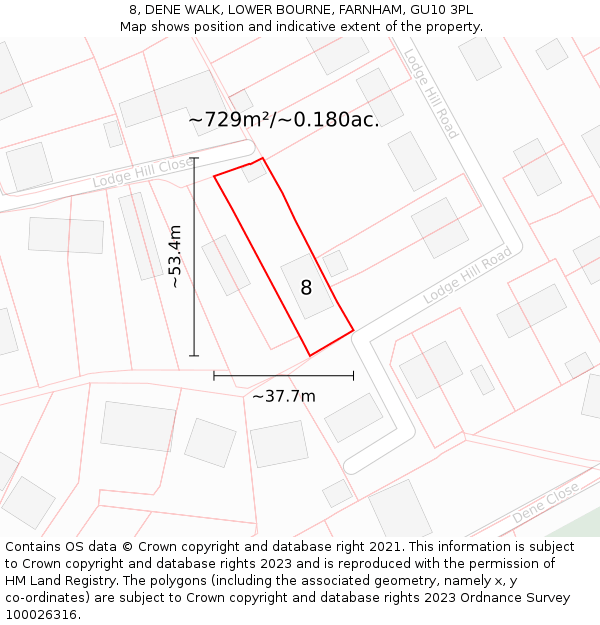 8, DENE WALK, LOWER BOURNE, FARNHAM, GU10 3PL: Plot and title map